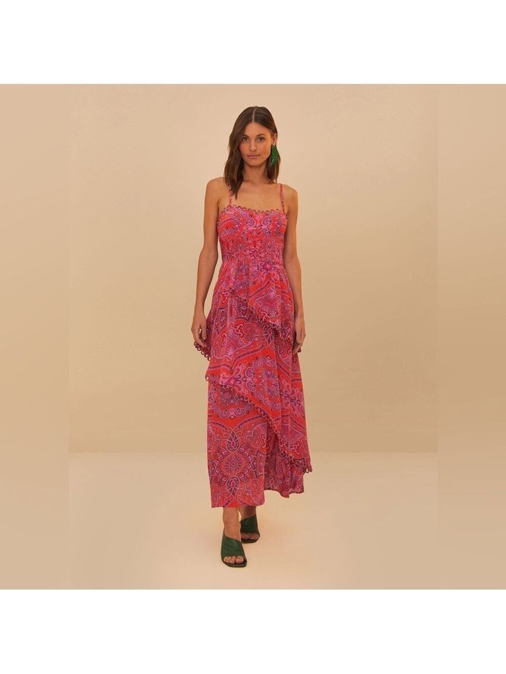 Farm Rio Red Paisley Scarf Loopy Trim Maxi Dress